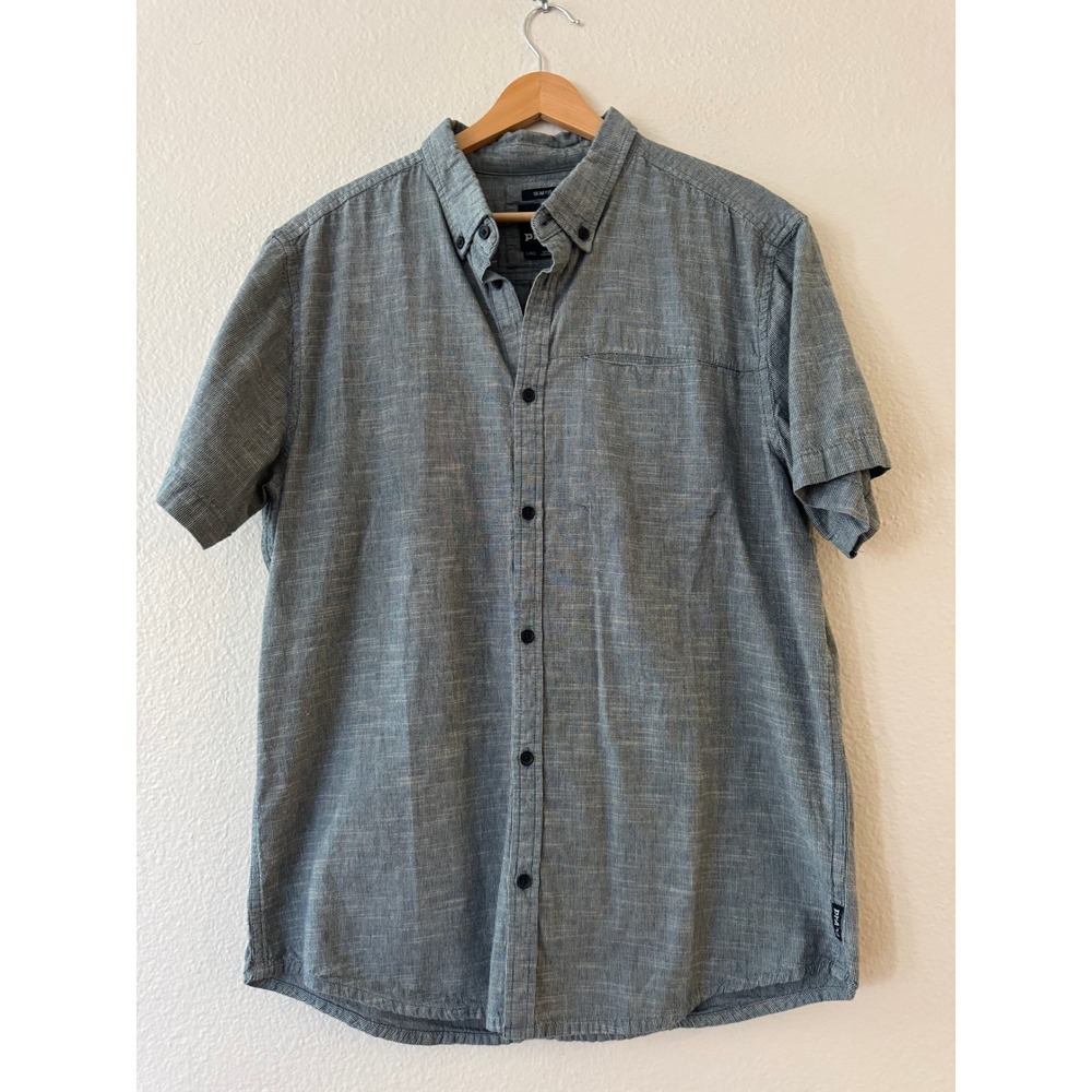 Prana Shirt Organic Cotton Slim‎ Fit Short Sleeve Button Down L Blue Excellent